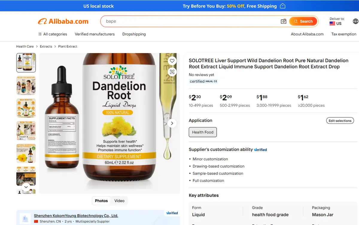 Alibaba listing for dandelion root liquid drops at $1.62 to $2.30 per unit