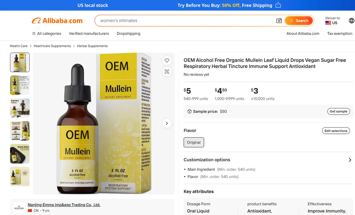 Alibaba OEM listing for alcohol-free mullein leaf drops at $3.00 to $5.00 per unit