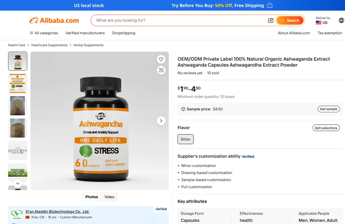 Alibaba private label ashwagandha capsules listing at $1.90 to $4.50 per bottle